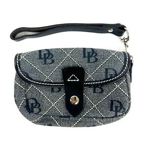 Dooney Bourke Black Cream Logo Fabric Canvas Flap Wristlet Leather Trim Pouch